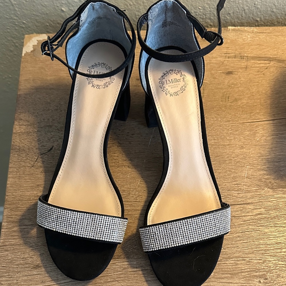 I.Miller Black Ankle-Strap Rhinestone Block Heel Sandals